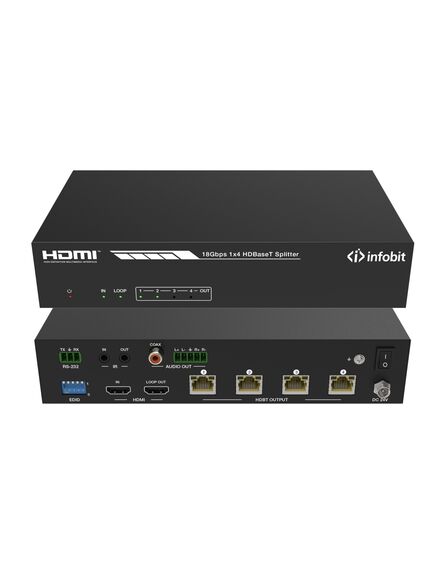 iSwitch 104H150 4K60 1x4 HDMI splitter, smart EDID, w/ audio and  4x 150m HDBaseT Rx