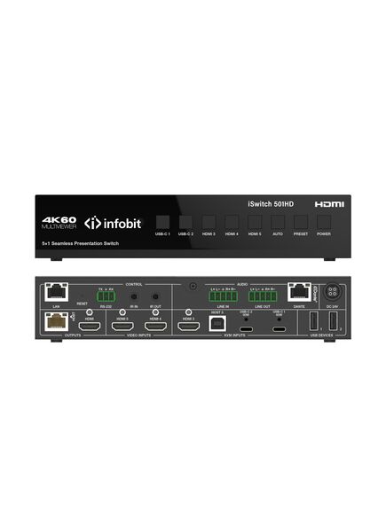 iSwitch 501HD 4K60 5x1 Presentation Switcher HDMI and USB C IN, HDMI and HDBaseT OUT, with Dante., 2 image