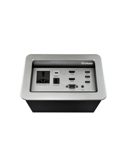 iBox 01 Table Box, Silver (Cover), With Tilt-Up Lid, 2xHDMI 2.0, 3xUSB A, 1xUSB Type C, 1xRJ45, 1xVGA+Audio, 1xPower Plug