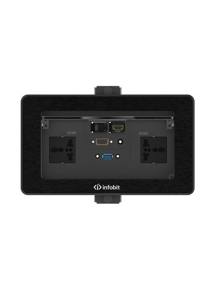 iBox TPD Table Box, Anodized, With Pop-up Lid, 2xUniversal Power, 1xUSB A Charging, 1xVGA, 1x3.5mm Audio, 1xHDMI, 1xRJ45